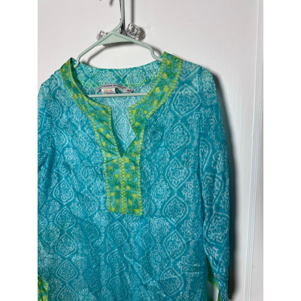 Gretchen Scott Blue Green Floral Silk Sheer Flowy Tunic Top Women's Size Small - Picture 3 of 8